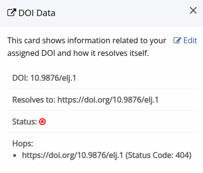 A screenshot of the DOI resolution status card in Janeway