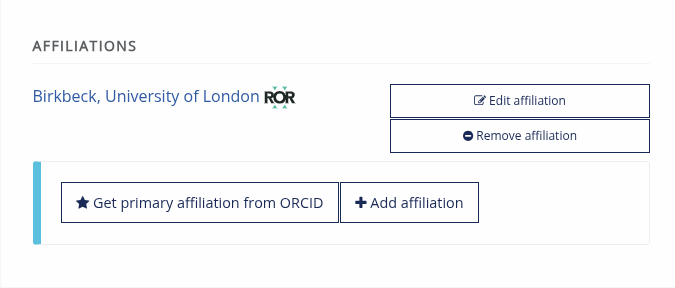 The Janeway profile page showing a ROR affiliation that was populated from ORCID data