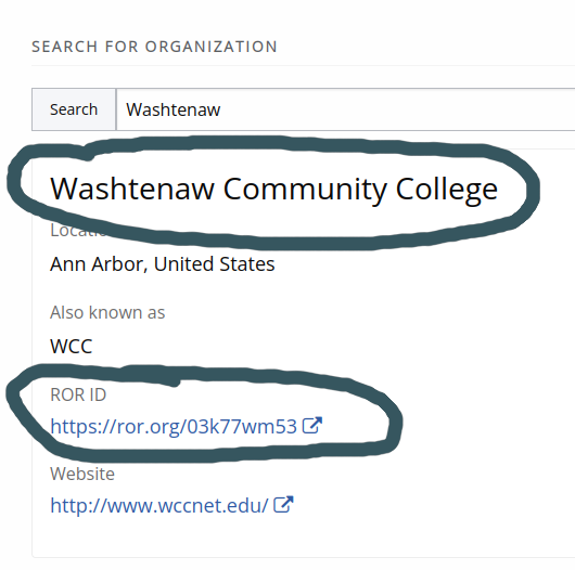 The Janeway ROR search showing that name and ROR ID cannot be edited