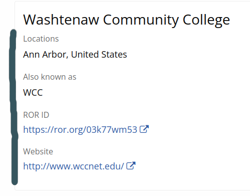 The Janeway ROR search showing the information presented for recognition